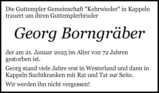 Traueranzeige von Georg Borngräber von Schleswiger Nachrichten, Schlei-Bote