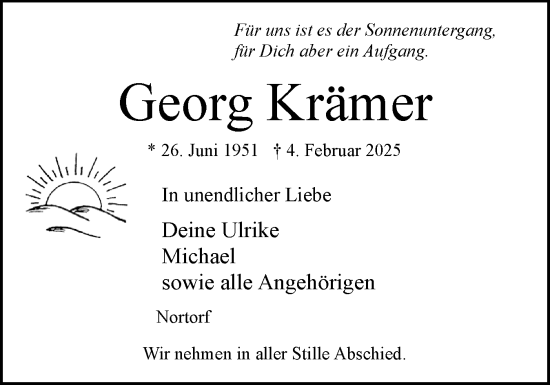 Traueranzeige von Georg Krämer von Norddeutsche Rundschau, Wilstersche Zeitung, Glückstädter Fortuna