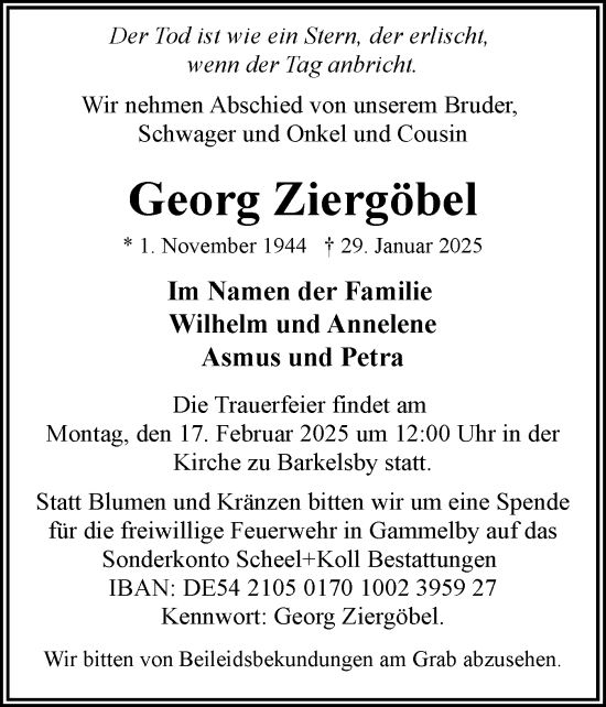 Traueranzeige von Georg Ziergöbel von Eckernförder Zeitung, Hallo Eckernförde