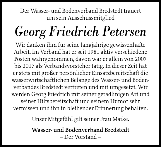 Traueranzeige von Georg Friedrich Petersen von Husumer Nachrichten, Nordfriesland Tageblatt