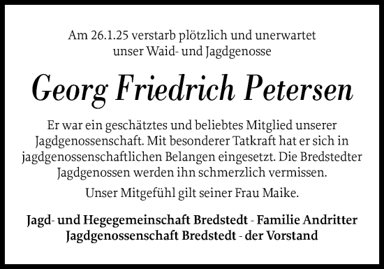 Traueranzeige von Georg Friedrich Petersen von Husumer Nachrichten, Nordfriesland Tageblatt