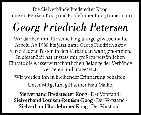 Traueranzeige von Georg Friedrich Petersen von Husumer Nachrichten, Nordfriesland Tageblatt