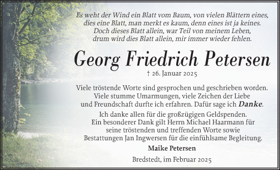 Traueranzeige von Georg Friedrich Petersen von Husumer Nachrichten, Nordfriesland Tageblatt