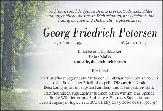Traueranzeige von Georg Friedrich Petersen von Husumer Nachrichten, Nordfriesland Tageblatt