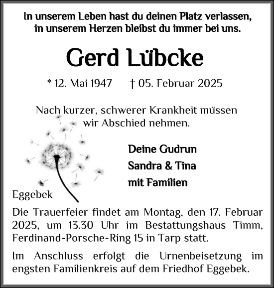 Traueranzeige von Gerd Lübcke von Flensburger Tageblatt
