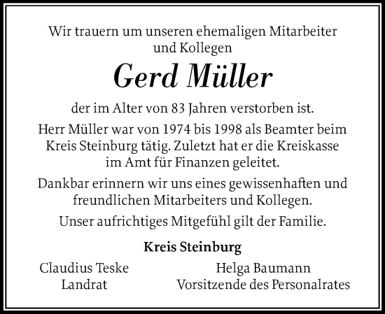 Traueranzeige von Gerd Müller von Norddeutsche Rundschau, Wilstersche Zeitung, Glückstädter Fortuna