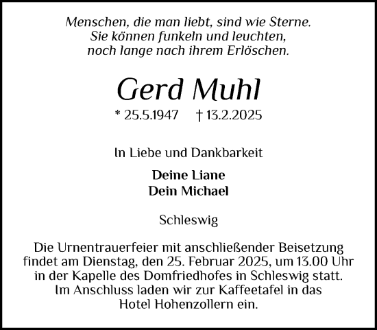 Traueranzeige von Gerd Muhl von Schleswiger Nachrichten, Schlei-Bote
