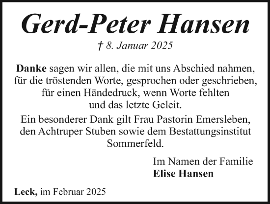 Traueranzeige von Gerd-Peter Hansen von Husumer Nachrichten, Nordfriesland Tageblatt
