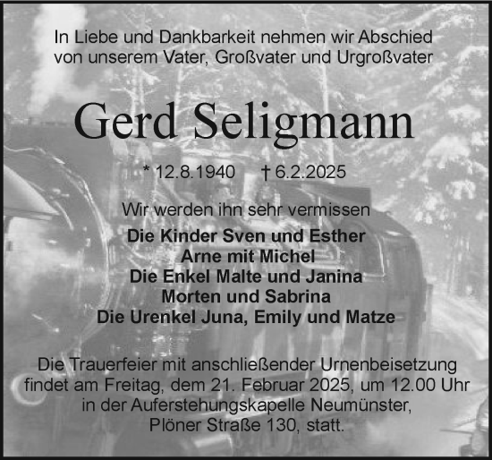 Traueranzeige von Gerd Seligmann von Holsteinischer Courier