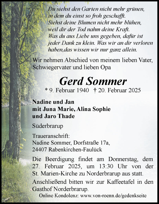 Traueranzeige von Gerd Sommer von Schleswiger Nachrichten, Schlei-Bote