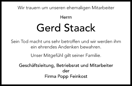 Traueranzeige von Gerd Staack von Umschau