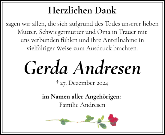 Traueranzeige von Gerda Andresen von Flensburger Tageblatt