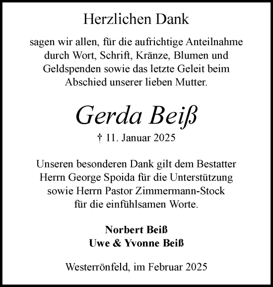 Traueranzeige von Gerda Beiß von Schleswig-Holsteinische Landeszeitung