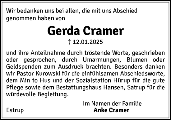 Traueranzeige von Gerda Cramer von Flensburger Tageblatt