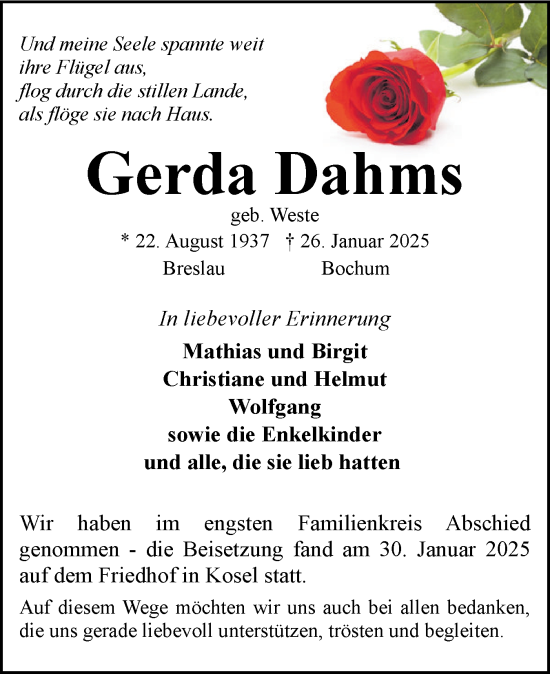 Traueranzeige von Gerda Dahms von Eckernförder Zeitung, Hallo Eckernförde