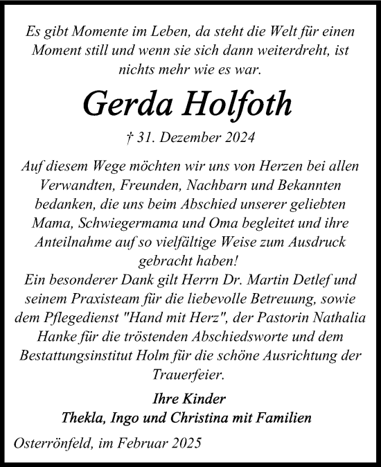 Traueranzeige von Gerda Holfoth von Schleswig-Holsteinische Landeszeitung