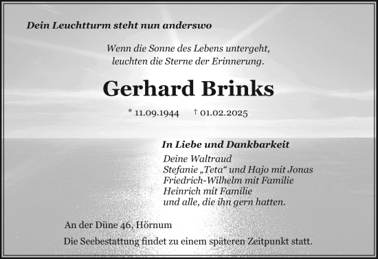 Traueranzeige von Gerhard Brinks von Sylter Rundschau