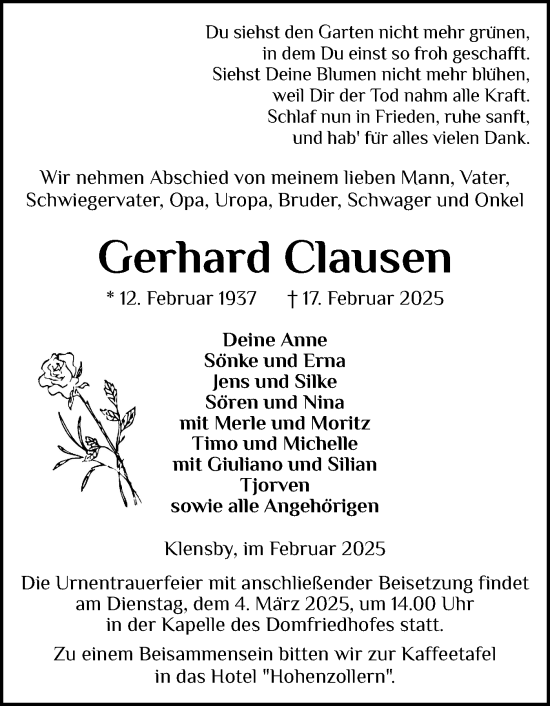Traueranzeige von Gerhard Clausen von Schleswiger Nachrichten, Schlei-Bote