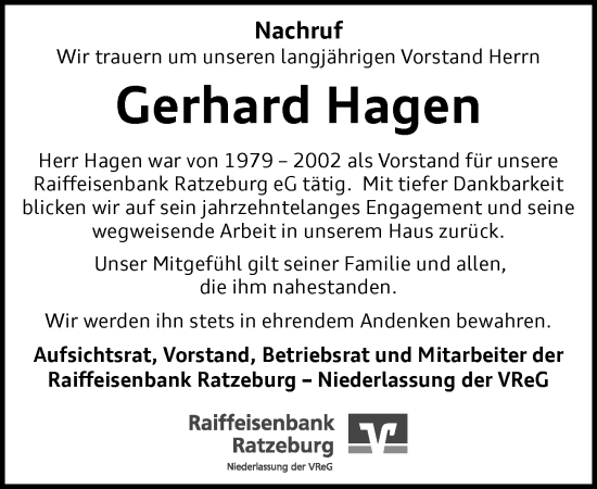 Traueranzeige von Gerhard Hagen von MARKT Ratzeburg/Mölln