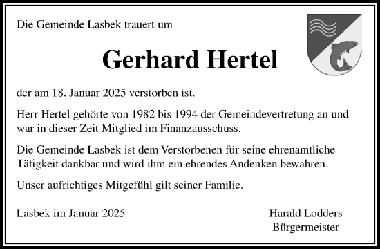 Traueranzeige von Gerhard Hertel von MARKT Bad Oldesloe/Reinfeld und Stormarner Tageblatt