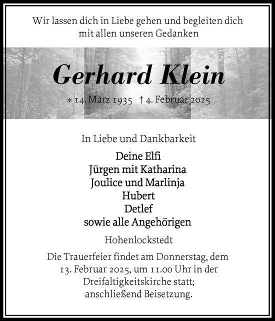 Traueranzeige von Gerhard Klein von Norddeutsche Rundschau, Wilstersche Zeitung, Glückstädter Fortuna