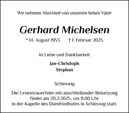 Traueranzeige von Gerhard Michelsen von Schleswiger Nachrichten, Schlei-Bote