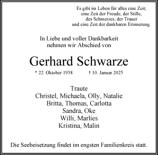 Traueranzeige von Gerhard Schwarze von Umschau