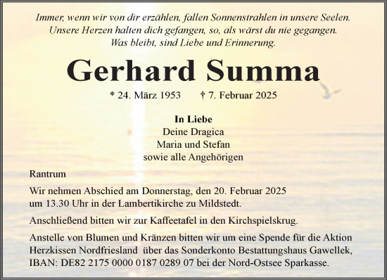 Traueranzeige von Gerhard Summa von Husumer Nachrichten, Nordfriesland Tageblatt