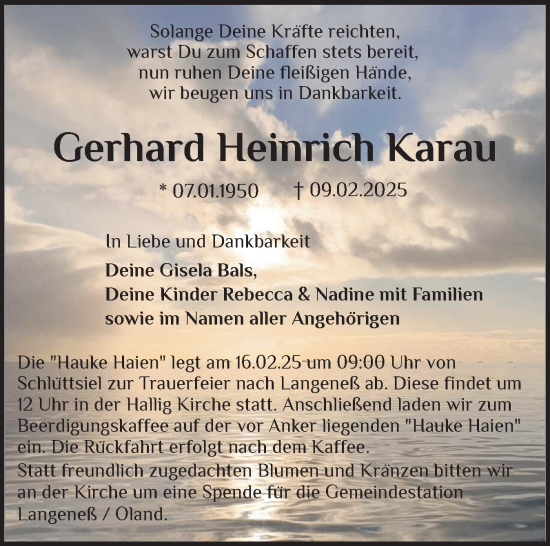 Traueranzeige von Gerhard Heinrich Karau von Husumer Nachrichten, Nordfriesland Tageblatt