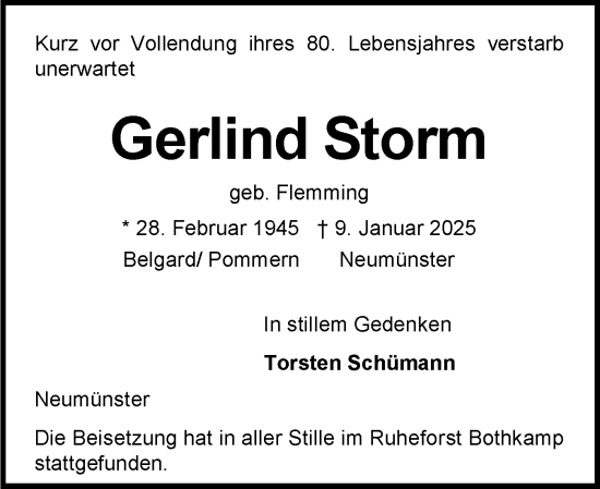 Traueranzeige von Gerlind Storm von Holsteinischer Courier