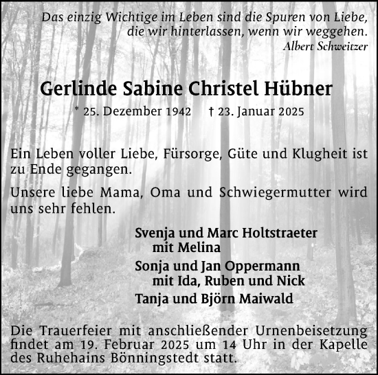 Traueranzeige von Gerlinde Sabine Christel Hübner von Region Pinneberg und tip Pinneberg