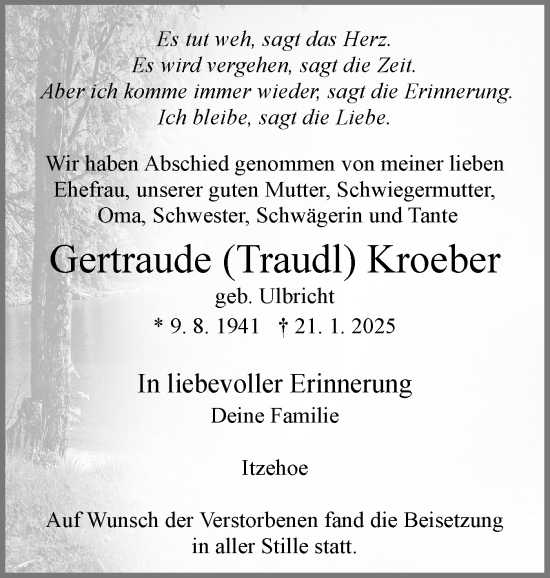 Traueranzeige von Gertraude Kroeber von Norddeutsche Rundschau, Wilstersche Zeitung, Glückstädter Fortuna