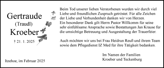 Traueranzeige von Gertraude Kroeber von Norddeutsche Rundschau, Wilstersche Zeitung, Glückstädter Fortuna