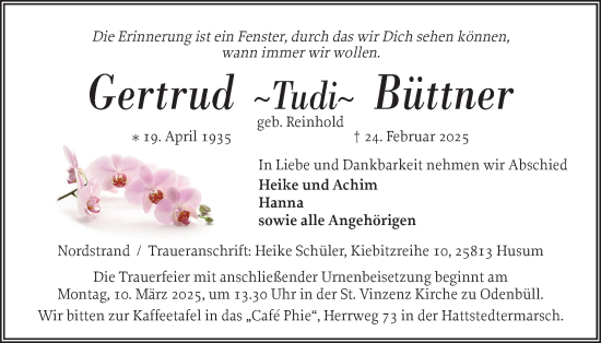 Traueranzeige von Gertrud Büttner von Husumer Nachrichten, Nordfriesland Tageblatt