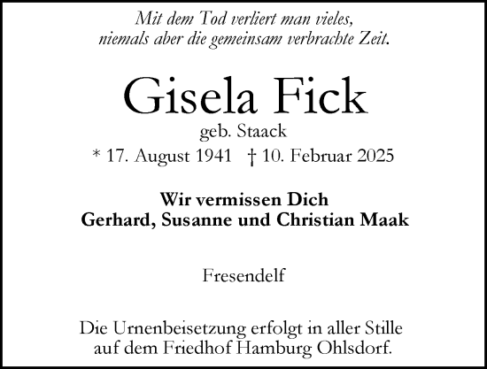 Traueranzeige von Gisela Fick von Husumer Nachrichten, Nordfriesland Tageblatt