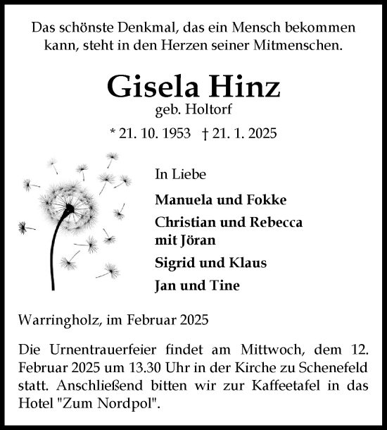 Traueranzeige von Gisela Hinz von Norddeutsche Rundschau, Wilstersche Zeitung, Glückstädter Fortuna