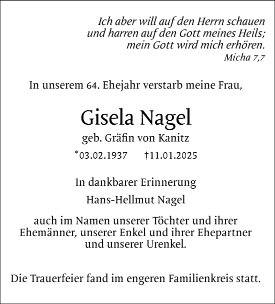 Traueranzeige von Gisela Nagel von Uetersener Nachrichten, Der tip am Wochenende