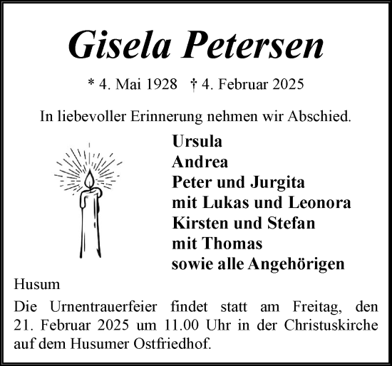 Traueranzeige von Gisela Petersen von Husumer Nachrichten, Nordfriesland Tageblatt