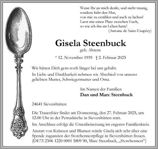 Traueranzeige von Gisela Steenbuck von Umschau
