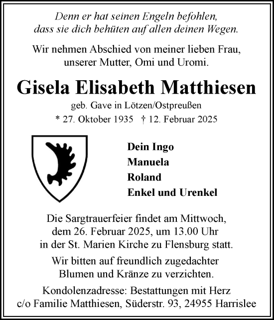 Traueranzeige von Gisela Elisabeth Matthiesen von Flensburger Tageblatt