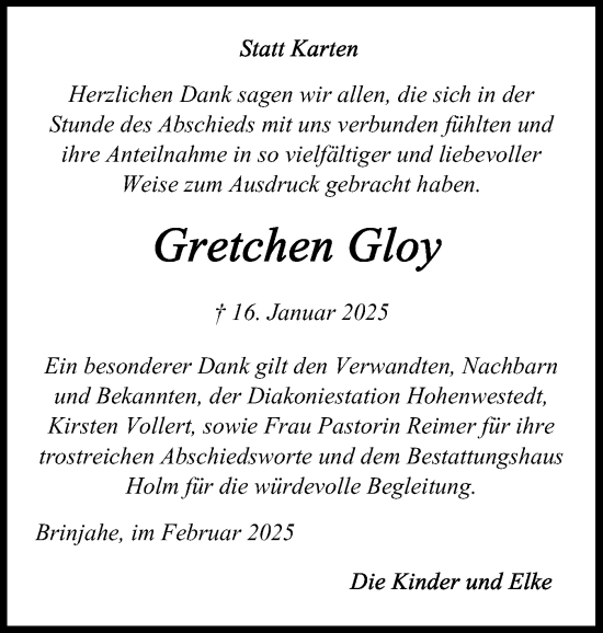 Traueranzeige von Gretchen Gloy von Schleswig-Holsteinische Landeszeitung