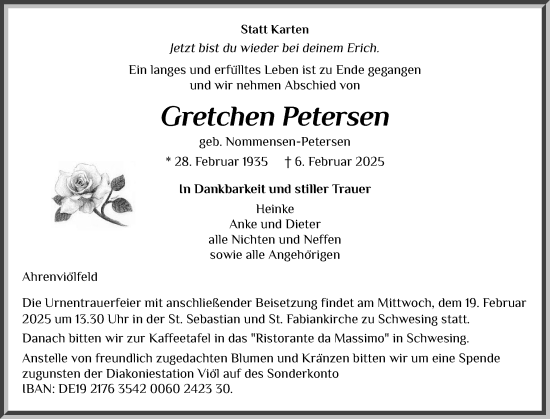 Traueranzeige von Gretchen Petersen von Husumer Nachrichten, Nordfriesland Tageblatt