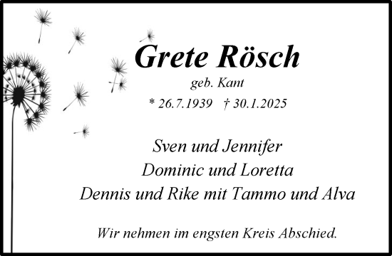 Traueranzeige von Grete Rösch von MARKT Ratzeburg/Mölln