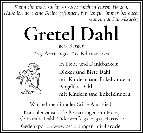 Traueranzeige von Gretel Dahl von Flensburger Tageblatt