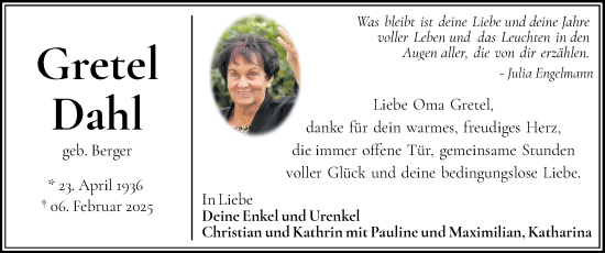 Traueranzeige von Gretel Dahl von Flensburger Tageblatt