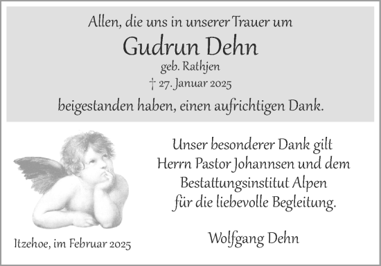 Traueranzeige von Gudrun Dehn von Norddeutsche Rundschau, Wilstersche Zeitung, Glückstädter Fortuna