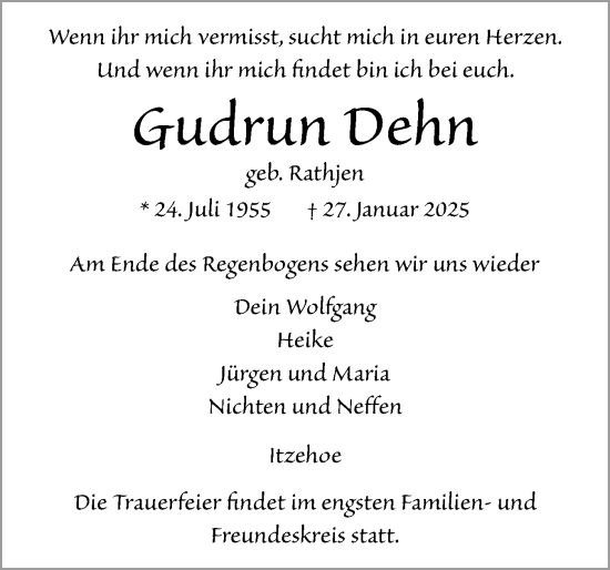 Traueranzeige von Gudrun Dehn von Norddeutsche Rundschau, Wilstersche Zeitung, Glückstädter Fortuna