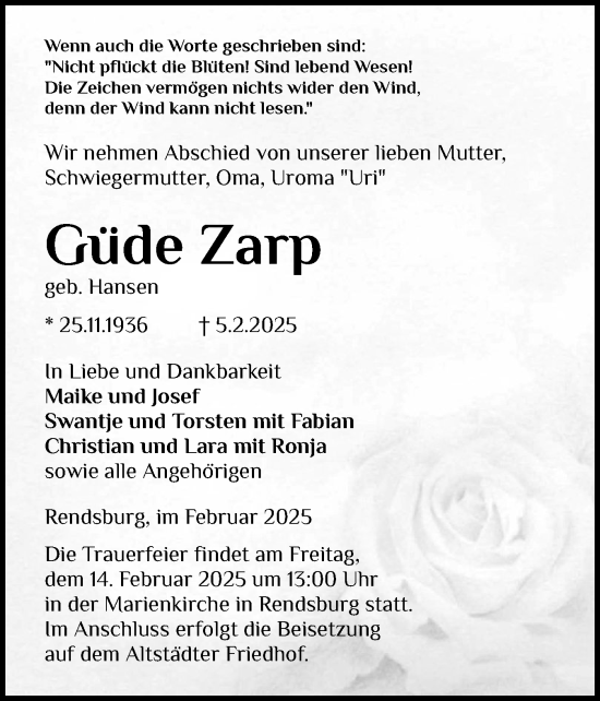 Traueranzeige von Güde Zarp von Eckernförder Zeitung, Hallo Eckernförde