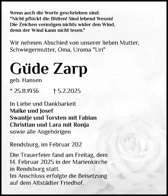 Traueranzeige von Güde Zarp von Hallo Eckernförde