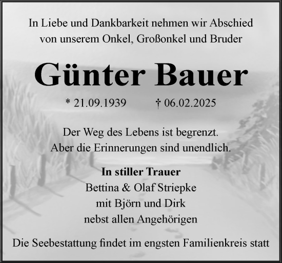 Traueranzeige von Günter Bauer von Husumer Nachrichten, Nordfriesland Tageblatt